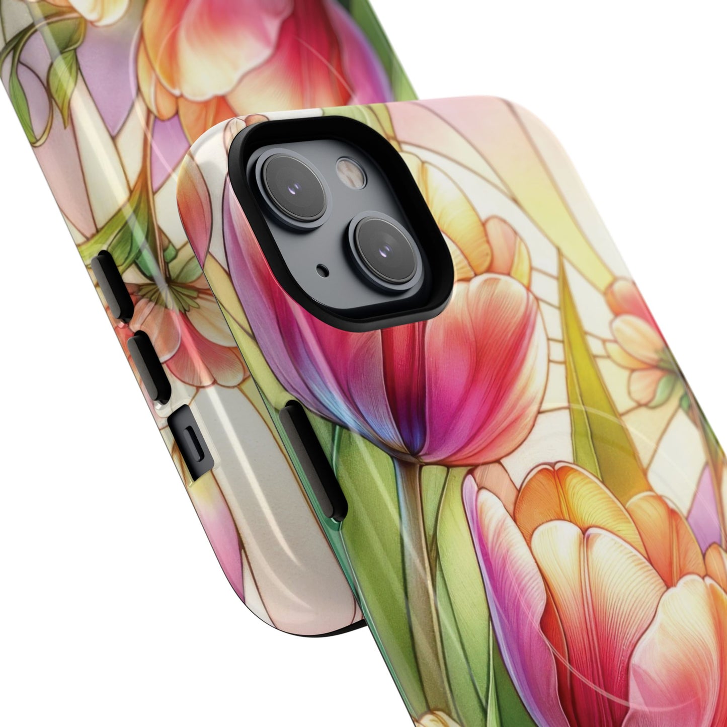 Tulip Glow Tough iPhone Magnetic Case, Floral Design, Spring Gift, Durable Protection, Smartphone Accessories, MagSafe Accessories, Stained Glass Tulip Gift