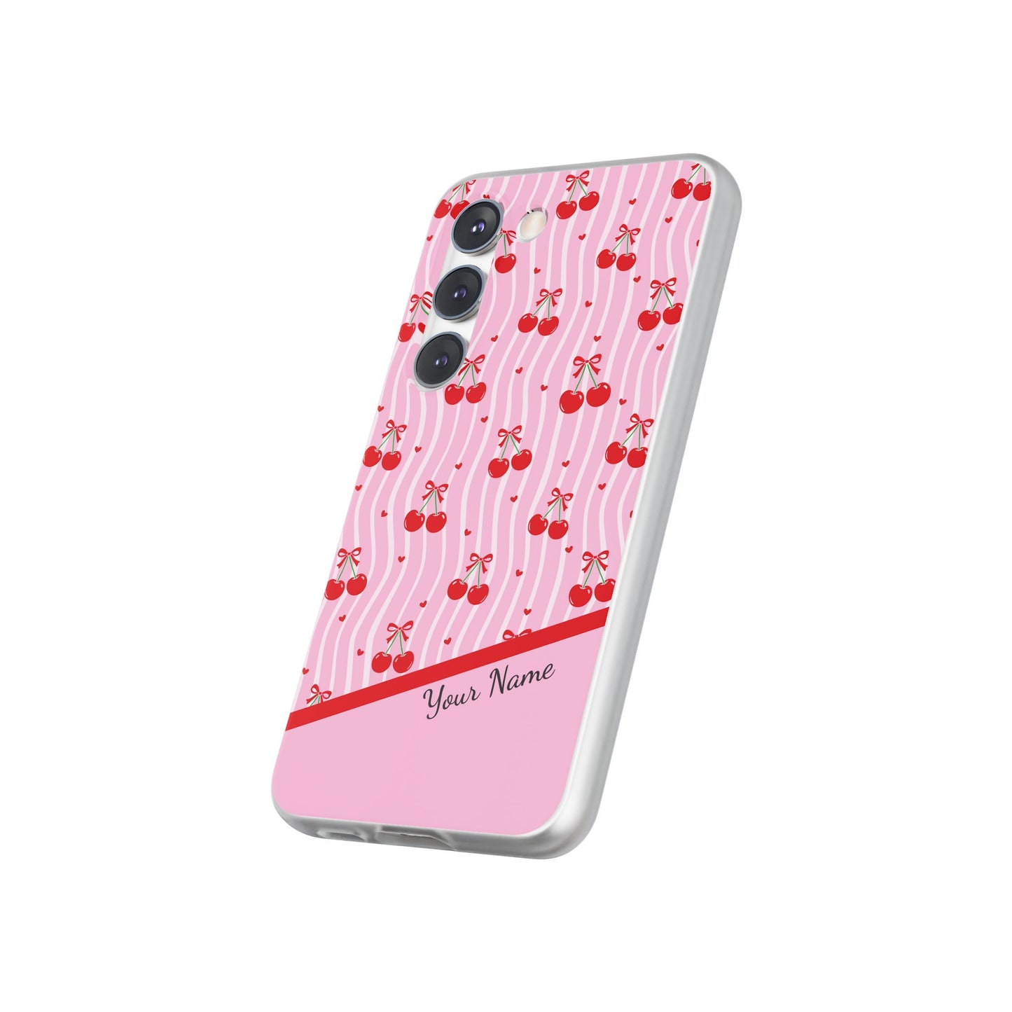 Personalized Cherry Blossom Dreams Flexi Case — Pink Retro Cherry iPhone® 7/8, 11, 12, 13, 14, 15, 16, 17, X/XS, SE, XR, Mini, Pro, Pro Max, Plus Cases.