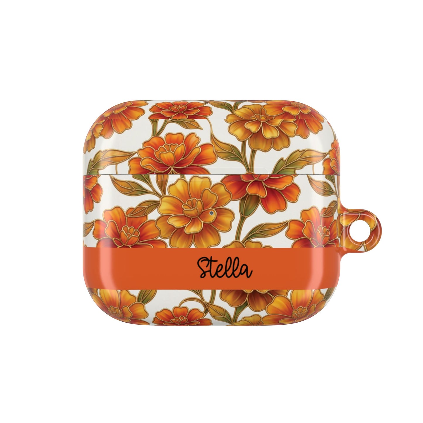 Stained Glass Effect Floral Orange Marigold AirPod Case — Personalized Name Option