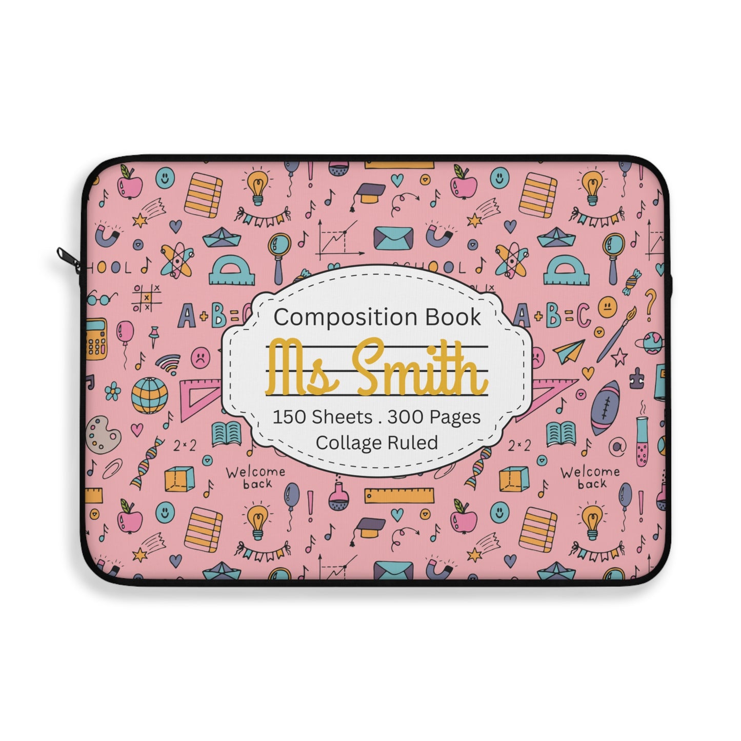 Personalized Pink Chalkboard Chic Laptop Sleeve with Composition Book Inspired Design, Educational Gift for Teachers, Classroom Organization, Back to School, Unique Teacher Accessory