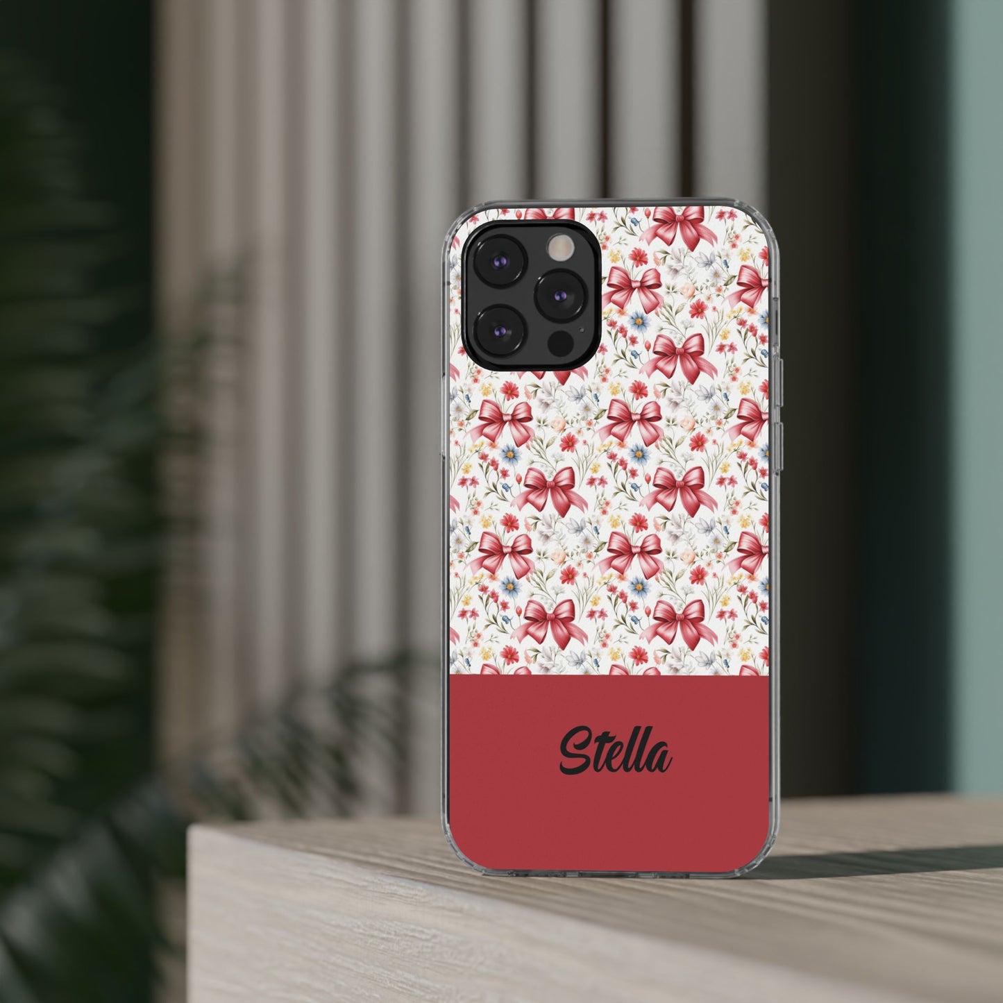 Personalized Rosette Coquette Floral Bow Clear iPhone, Samsung Cases — Custom Name Phone Cover