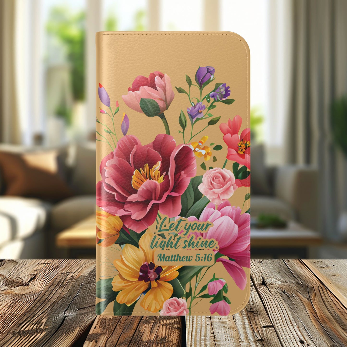 Floral Scripture Flip Case — "Let Your Light Shine" Wallet Phone Cover (Matthew 5:16)