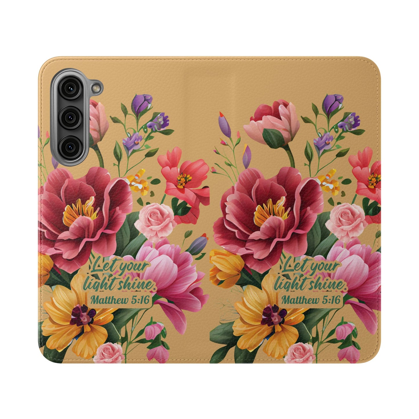 Floral Scripture Flip Case — "Let Your Light Shine" Wallet Phone Cover (Matthew 5:16)