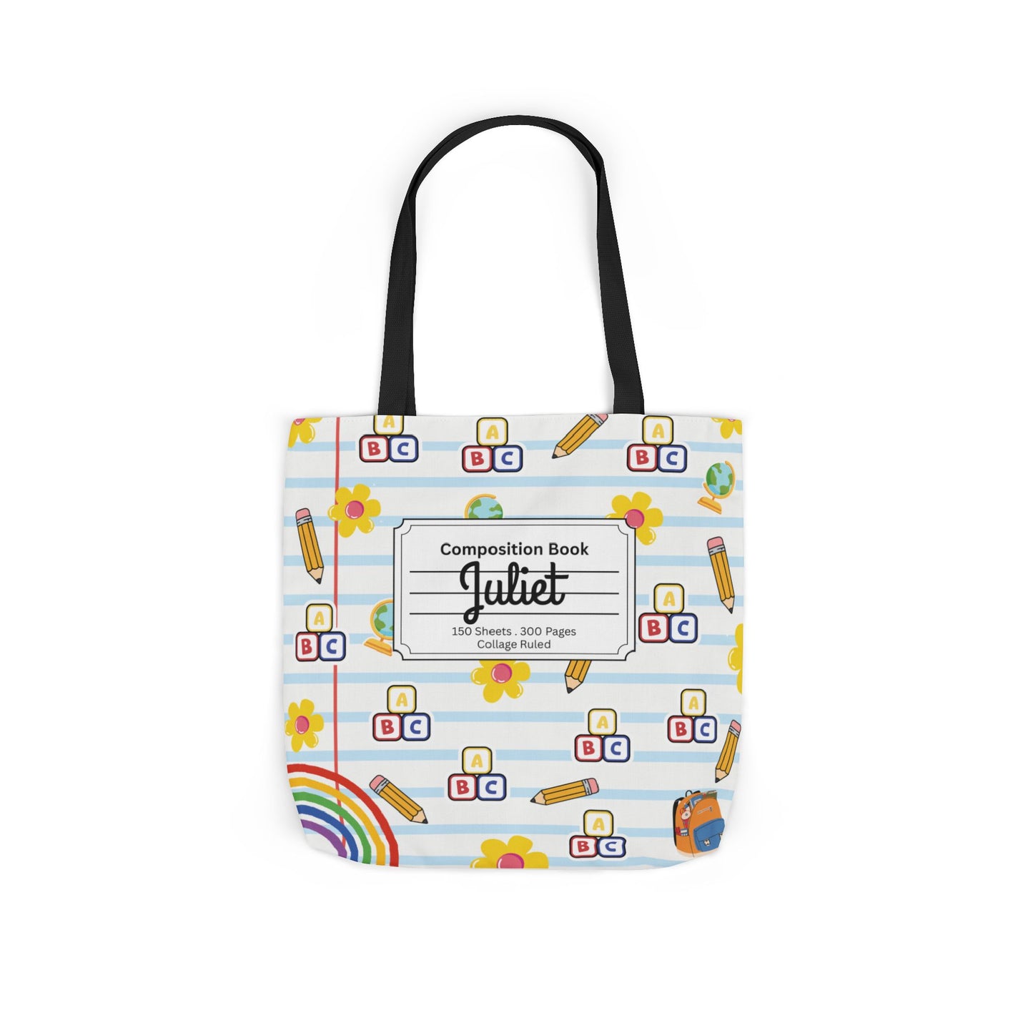 Personalized White Schoolyard Chic Composition Book Inspired Canvas Tote Bag with Colorful Straps, Cute School Bag, Eco-Friendly Tote, Back to School Shopping Bag, Teacher Gift Idea