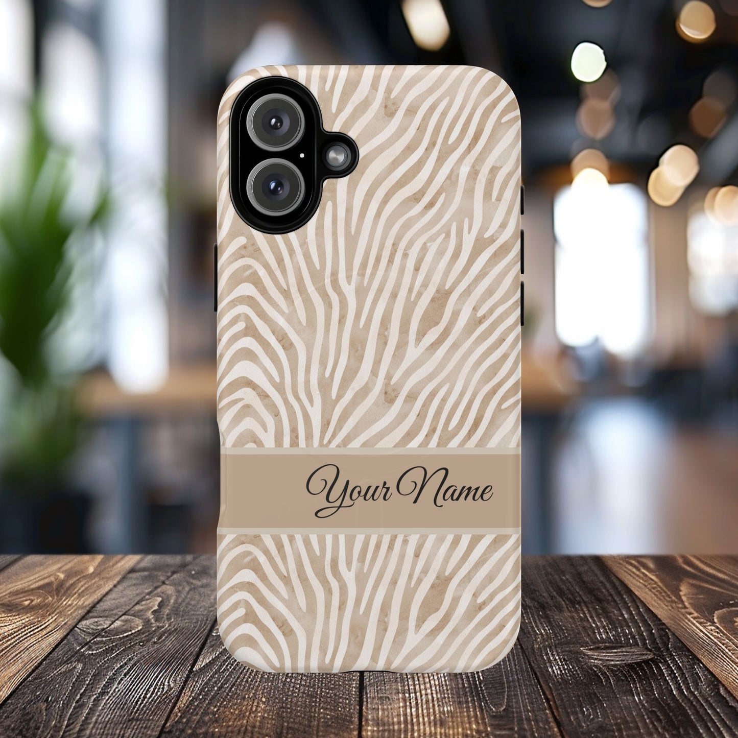Personalized Zebra Animal Print Cover, Tough Magnetic MagSafe® iPhone® 13, 14, 15, 16, 17, Pro, Pro Max, Plus Cases (Custom Name).