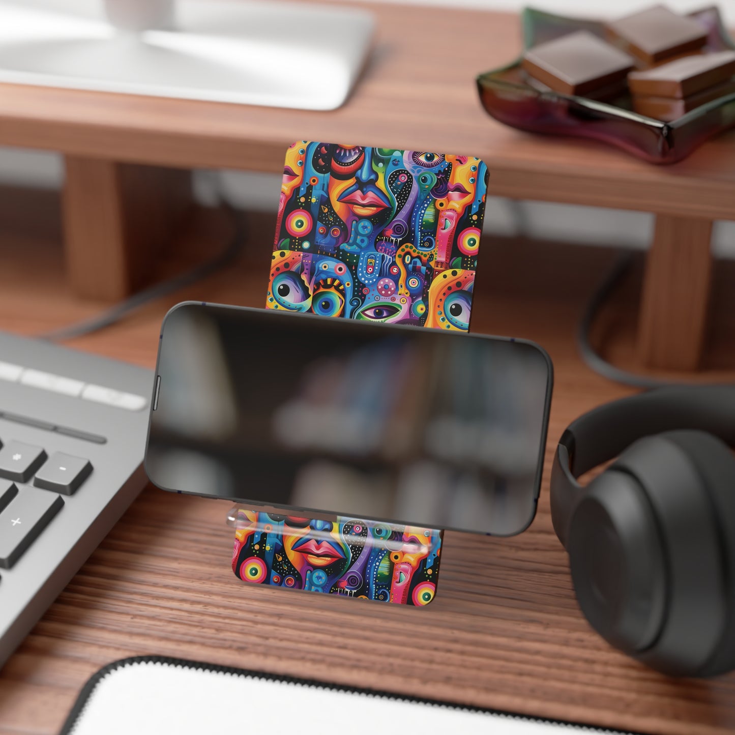 Psychedelic Visions Colorful Abstract Phone Stand - Unique Mobile Display Holder