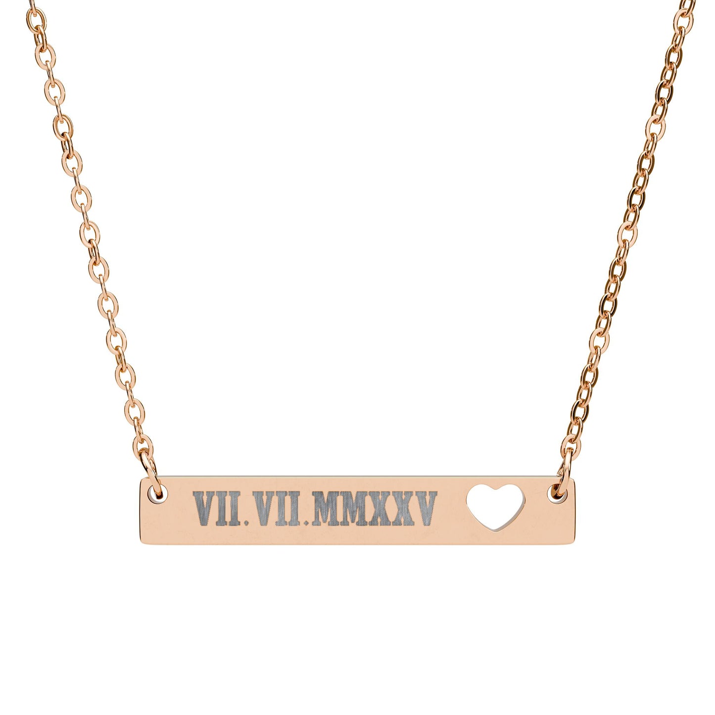 Engravable Cutout Heart Bar Necklace — Personalized Date Roman Numerals/Message/Name