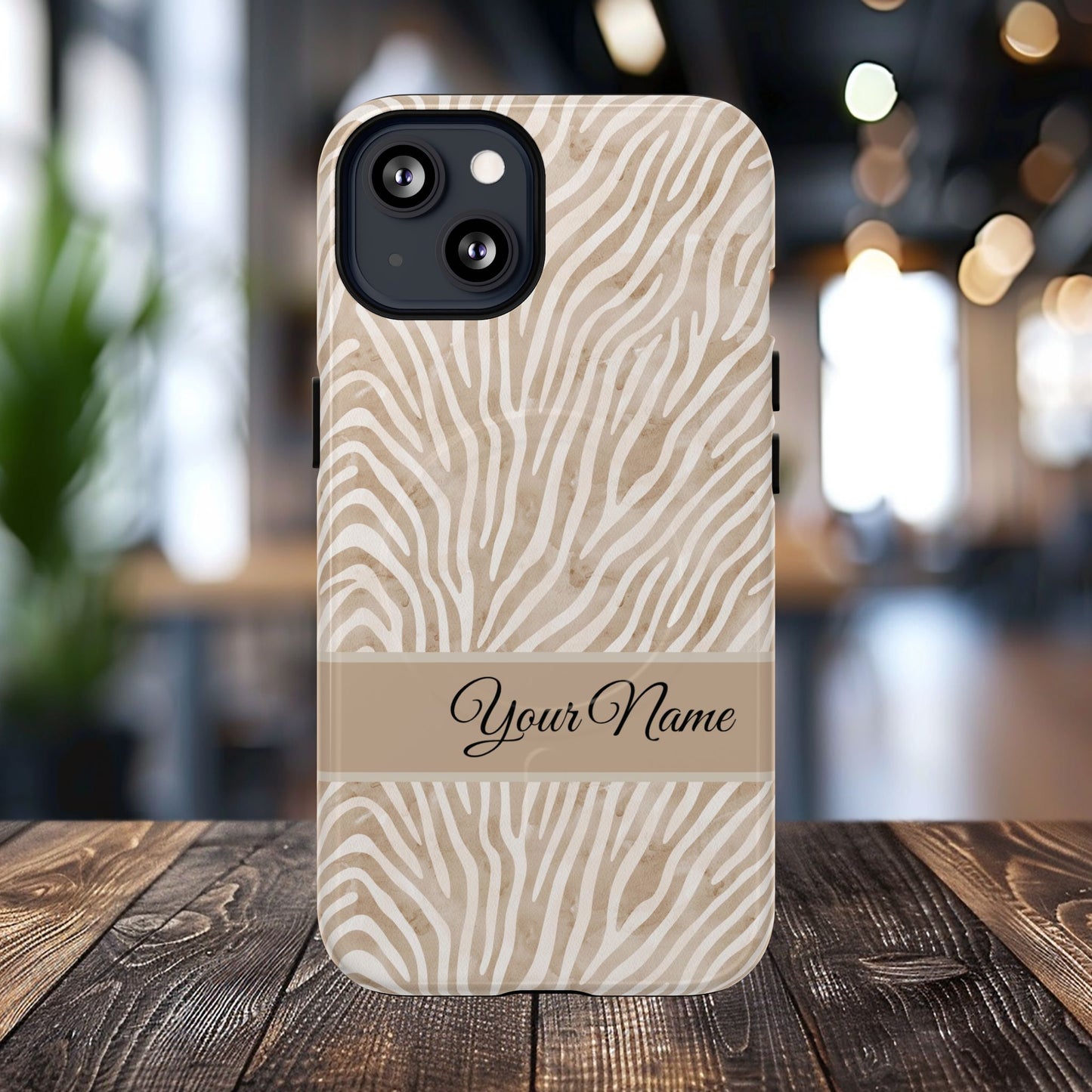 Personalized Zebra Animal Print Cover, Tough Magnetic MagSafe® iPhone® 13, 14, 15, 16, 17, Pro, Pro Max, Plus Cases (Custom Name).