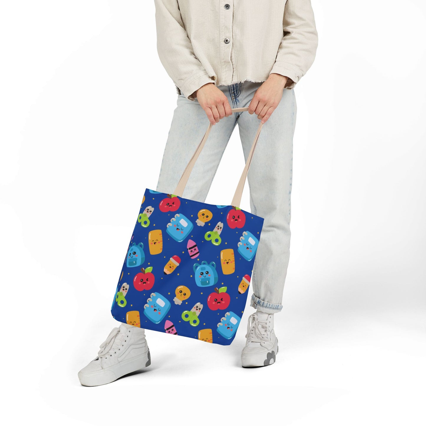 Personalized Blue Kawaii Composition Book Inspired Canvas Tote Bag with Colorful Straps, Cute School Bag, Eco-Friendly Tote, Back to School Shopping Bag, Teacher Gift Idea