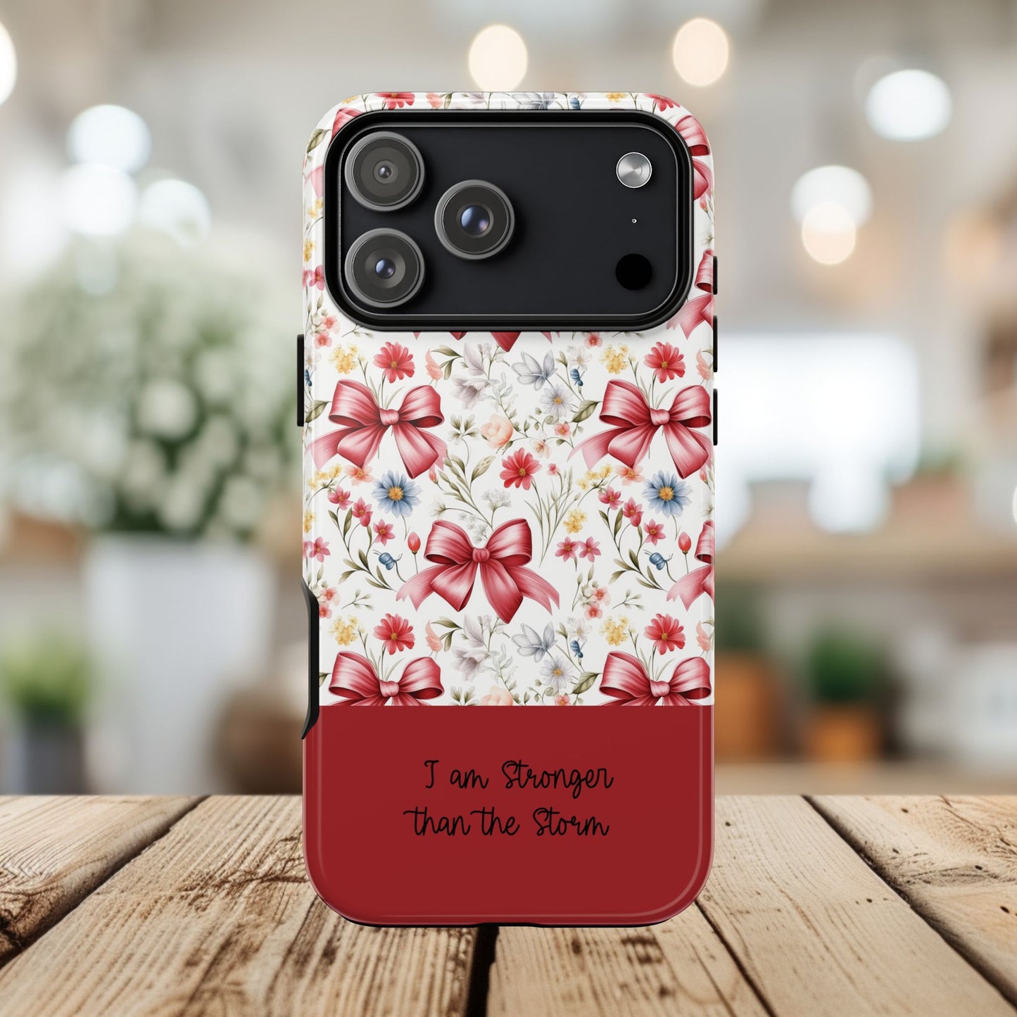 Personalized Rosette Coquette Phone Case - Custom Name/Message 'I Am Stronger Than The Storm' Floral Bow Protective Case