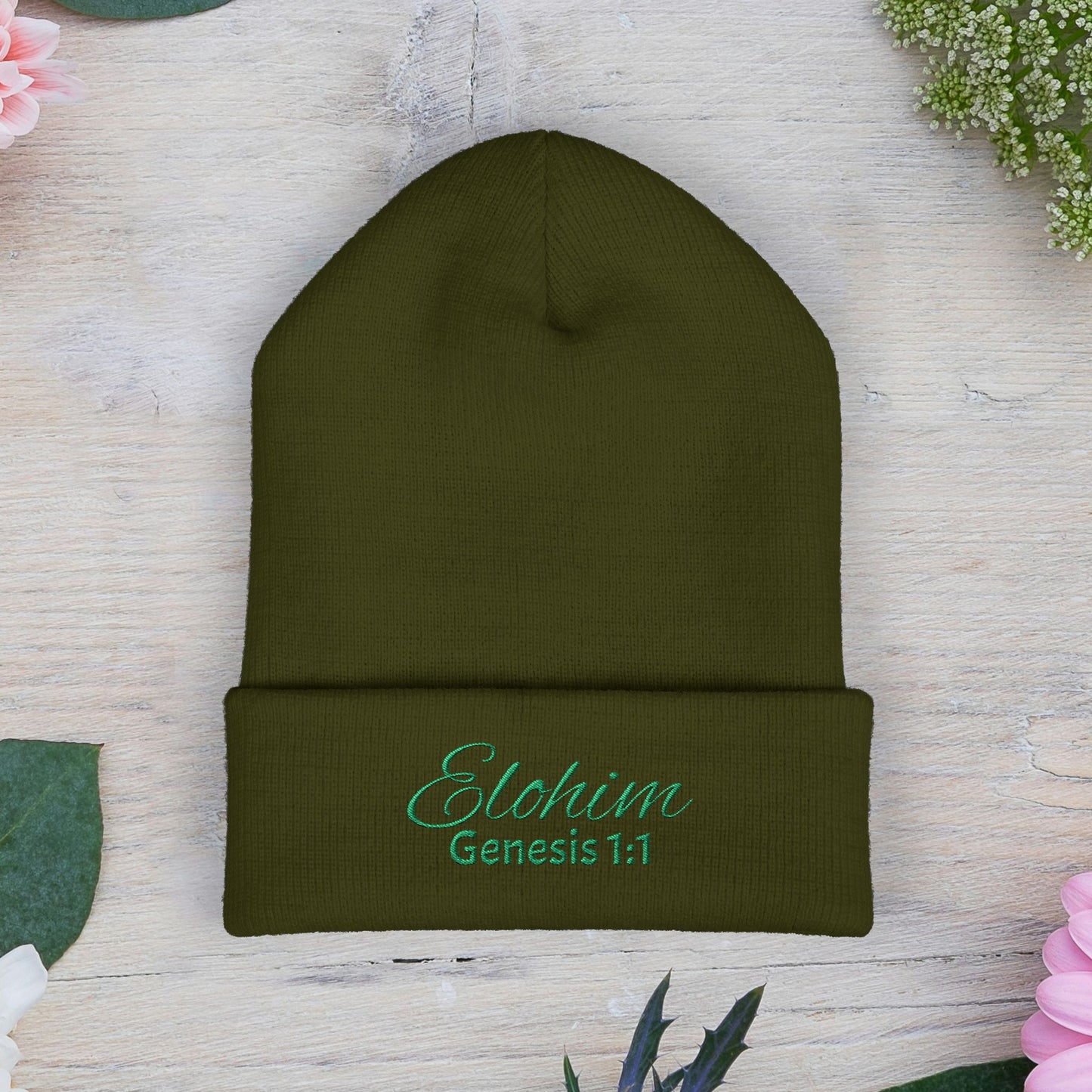 Green Embroidered 'ELOHIM, GENESIS 1:1' Classic Cuffed Beanie - Cozy Winter Hat, Streetwear Accessory, Personalized Gifts, Religious Apparel, Unisex Beanie