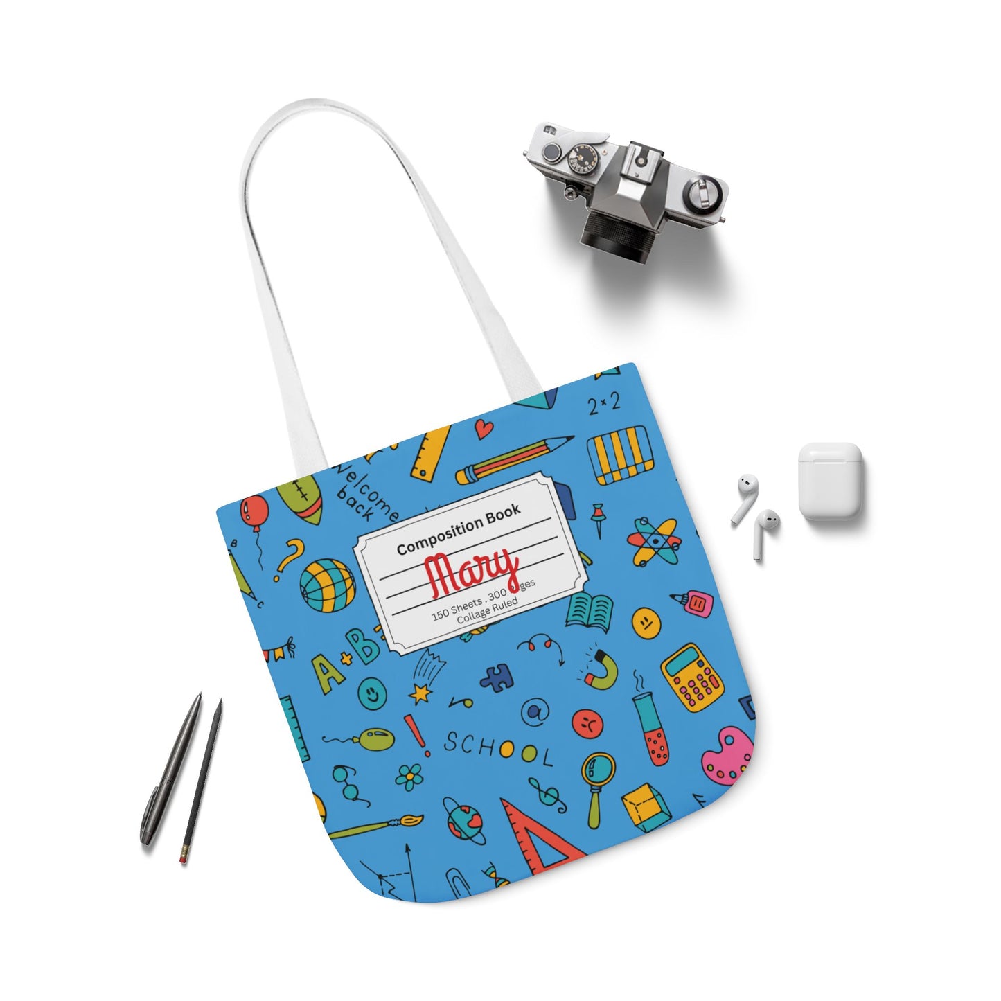 Personalized Classroom Couture Composition Book Inspired Canvas Tote Bag with Colorful Straps, Cute School Bag, Eco-Friendly Tote, Back to School Shopping Bag, Teacher Gift Idea