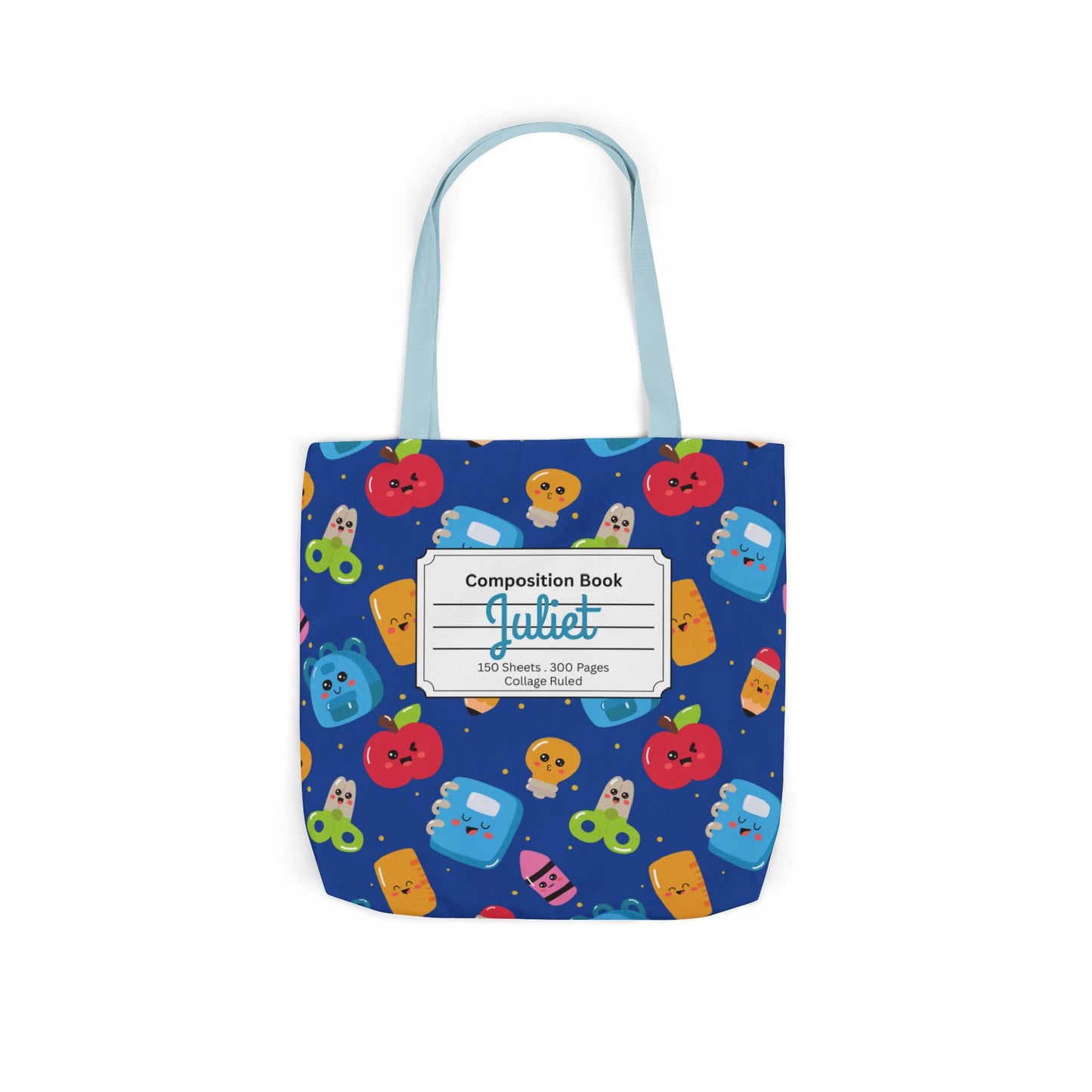 Personalized Blue Kawaii Composition Book Inspired Canvas Tote Bag with Colorful Straps, Cute School Bag, Eco-Friendly Tote, Back to School Shopping Bag, Teacher Gift Idea