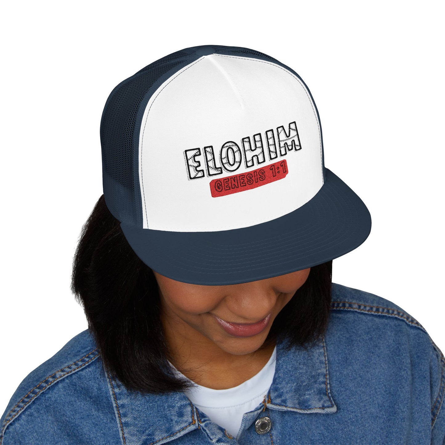 'ELOHIM, GENESIS 1:1'  Embroidered 5 Panel Trucker Cap | Casual Style Hat, Adjustable, Unisex, Perfect Gift for Outdoors, Festivals, Daily Wear