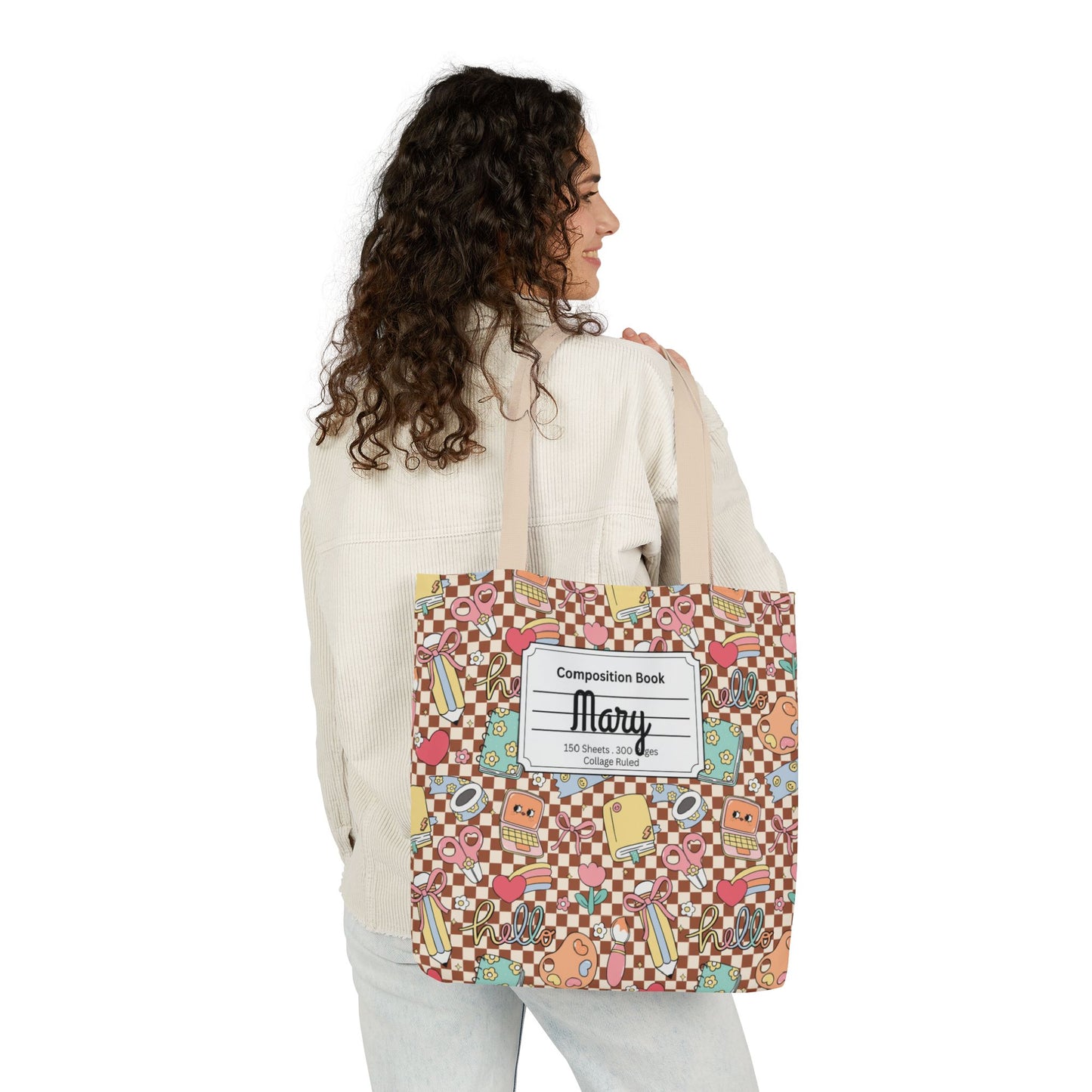 Personalized Brown Doodle Daydream Composition Book Inspired Canvas Tote Bag with Colorful Straps, Cute School Bag, Eco-Friendly Tote, Back to School Shopping Bag, Teacher Gift Idea