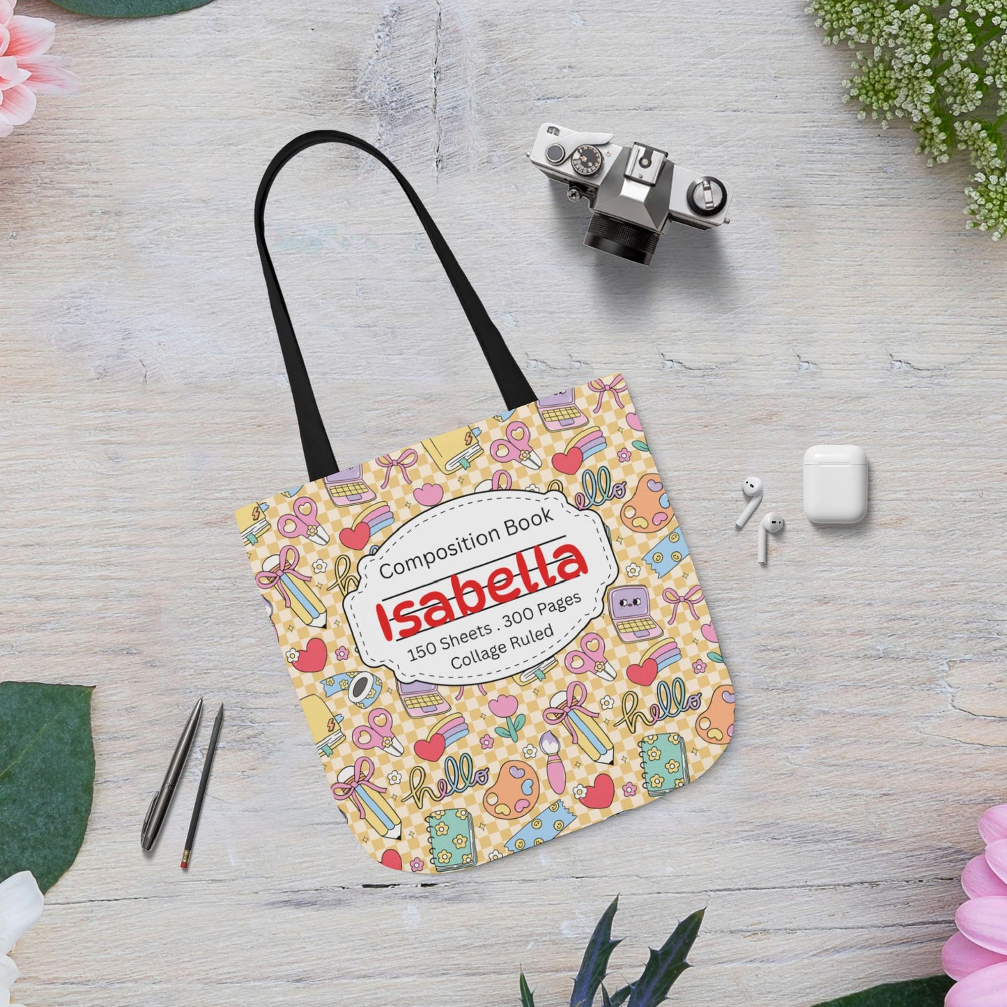 Personalized Doodle Daydream Composition Book Inspired Canvas Tote Bag with Colorful Straps, Cute School Bag, Eco-Friendly Tote, Back to School Shopping Bag, Teacher Gift Idea