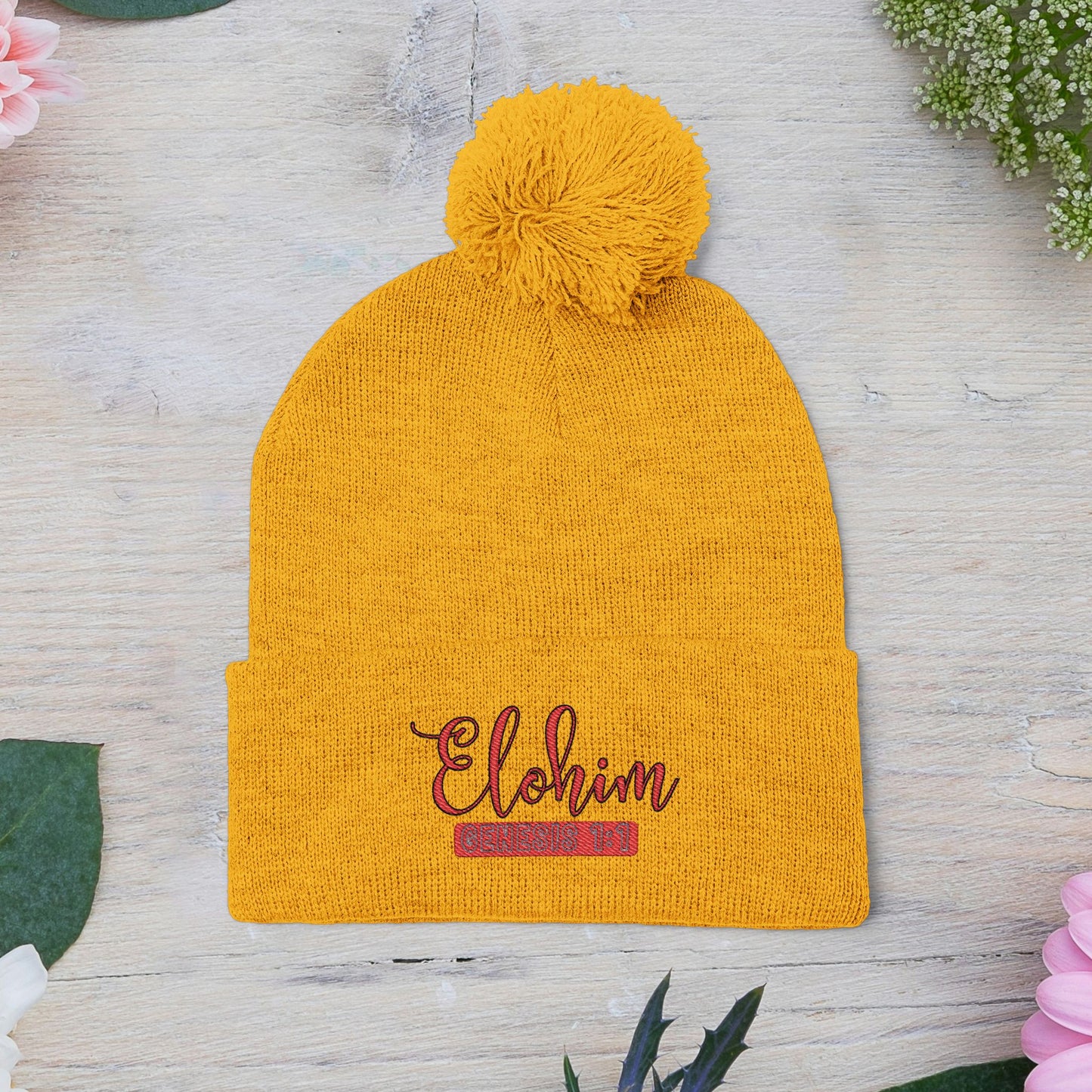 Red Pom-Pom Knit Cap with 'ELOHIM, GENESIS 1:1'  Embroidery Beanie - Stylish Winter Accessory for All Ages, Perfect Gift for Birthdays, Holidays, and Outdoor Activities