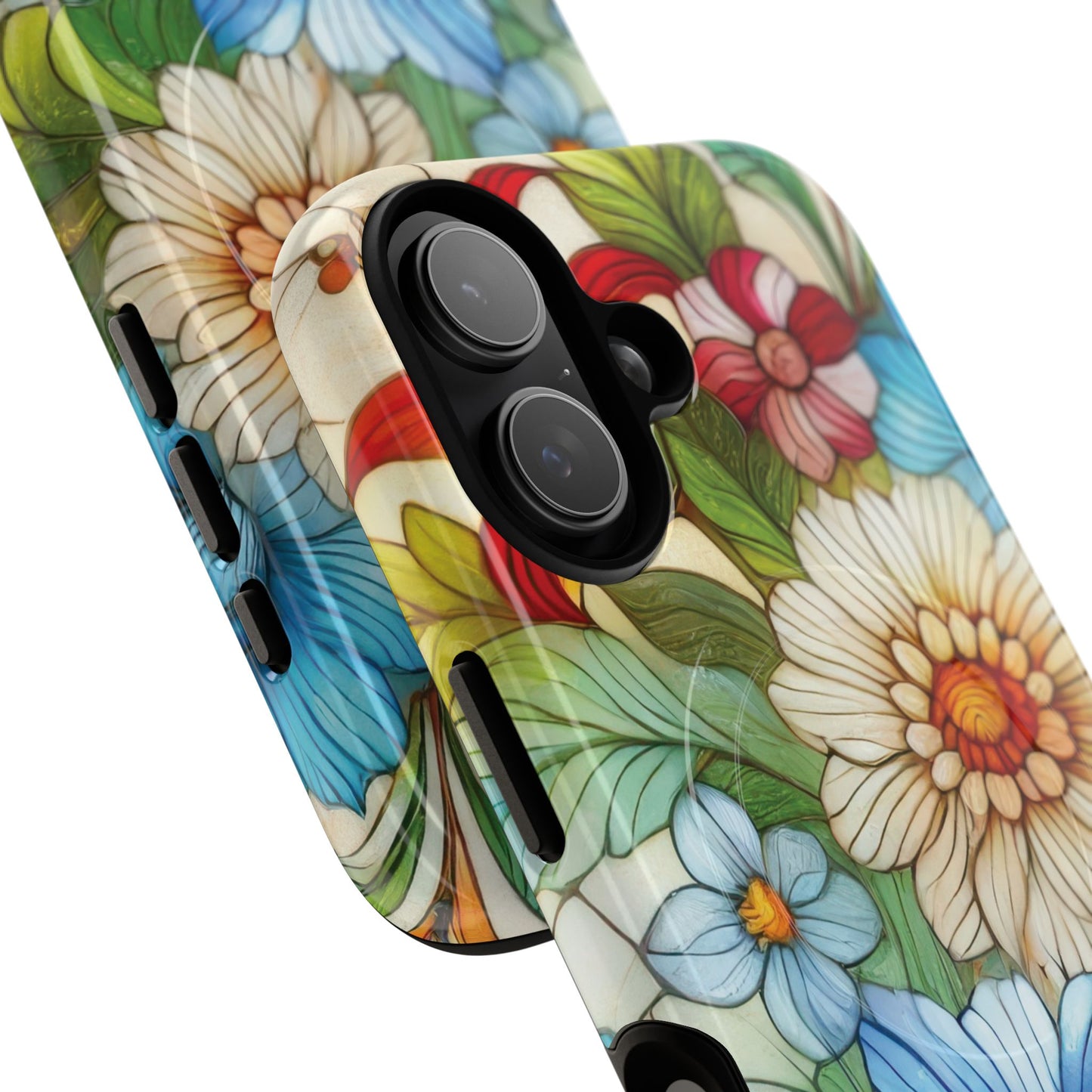 Botanical Radiance Tough iPhone Magnetic Case, Customizable Durable iPhone Cover | Ideal Gift for Nature Lovers, Floral Stained Glass Gift