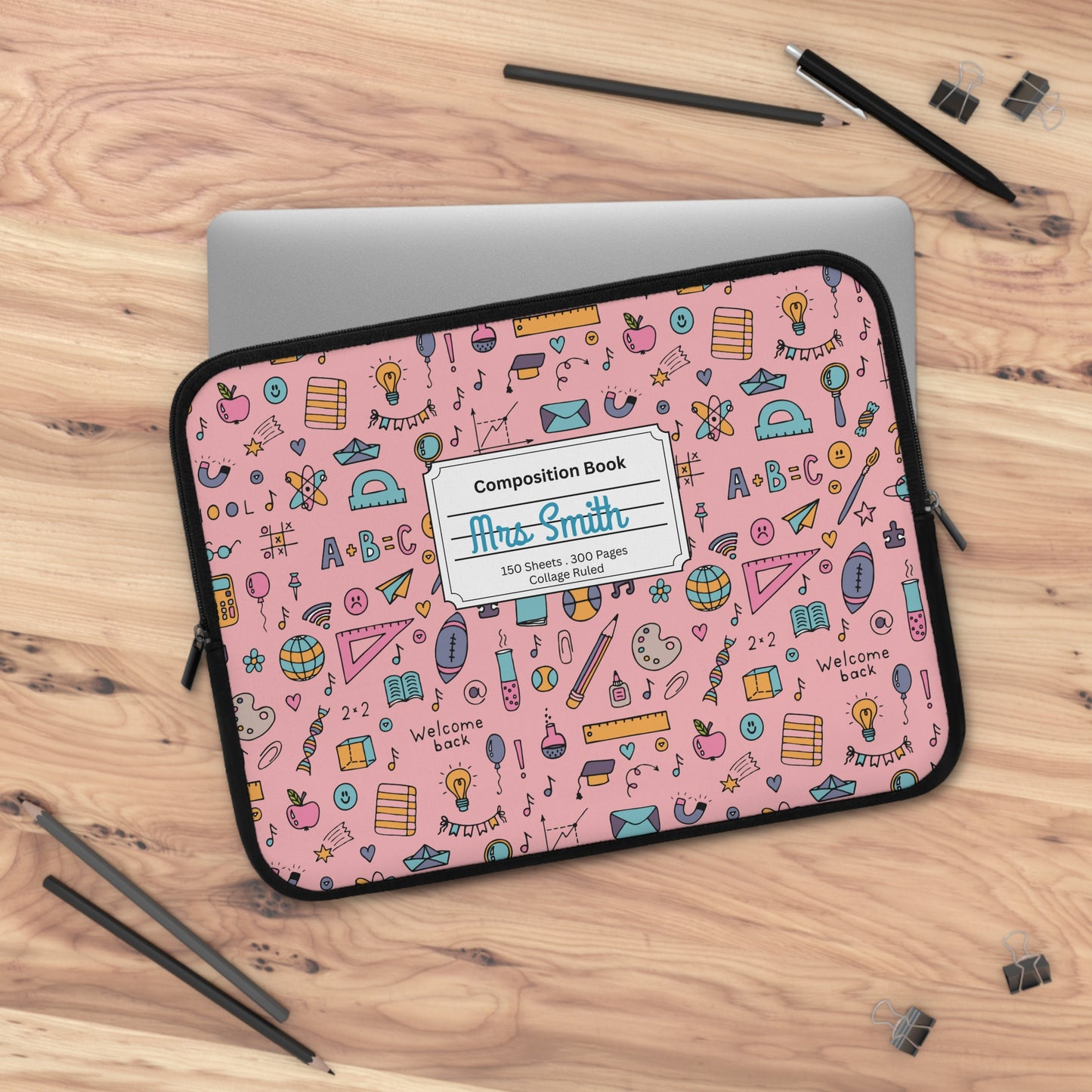 Personalized Pink Chalkboard Chic Laptop Sleeve with Composition Book Inspired Design, Customizable Tech Case, School Supplies, Gift for Students, College Essentials, Back to School