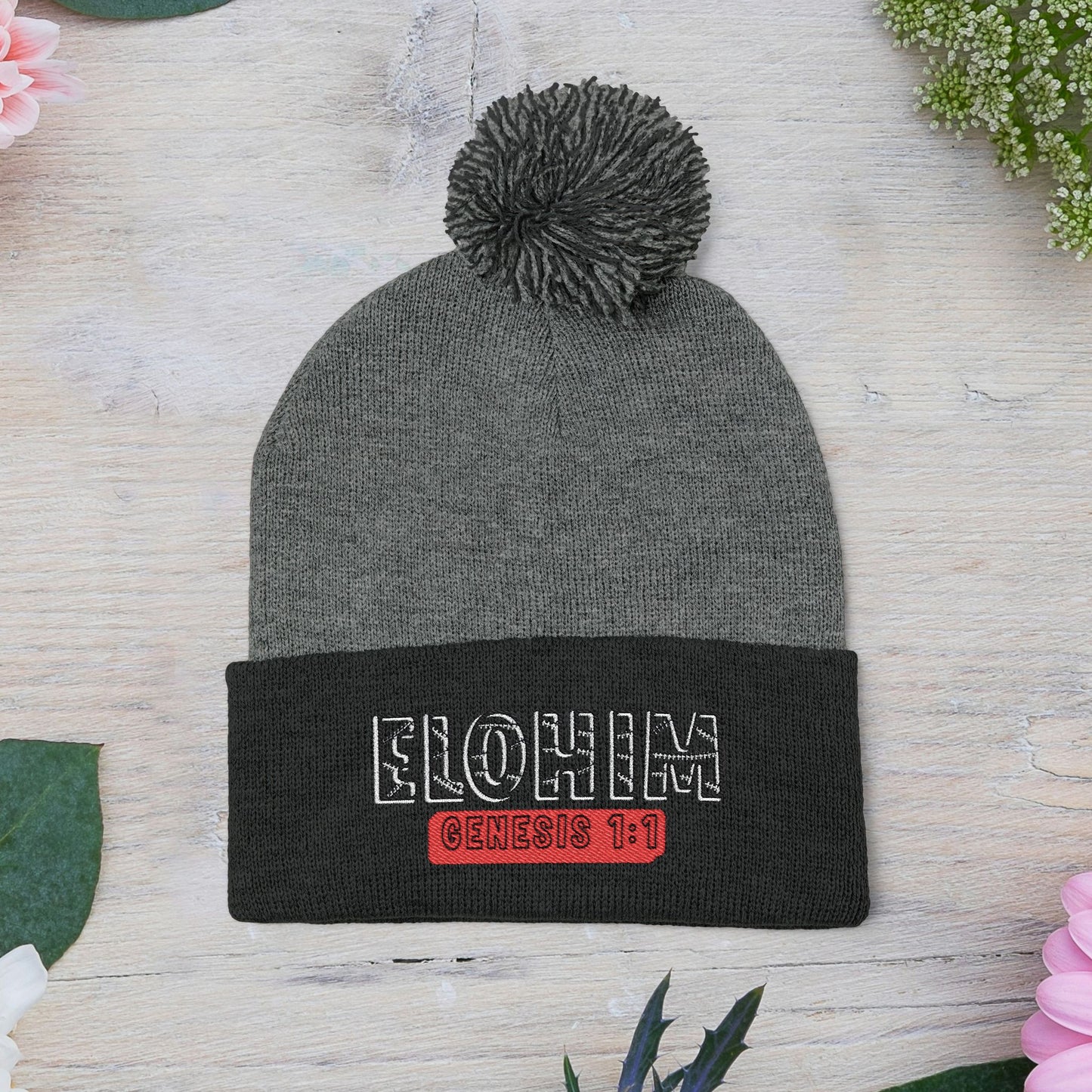 Cozy Pom-Pom Knit Cap with 'ELOHIM, GENESIS 1:1'  Embroidery Beanie - Stylish Winter Accessory for All Ages, Perfect Gift for Birthdays, Holidays, and Outdoor Activities