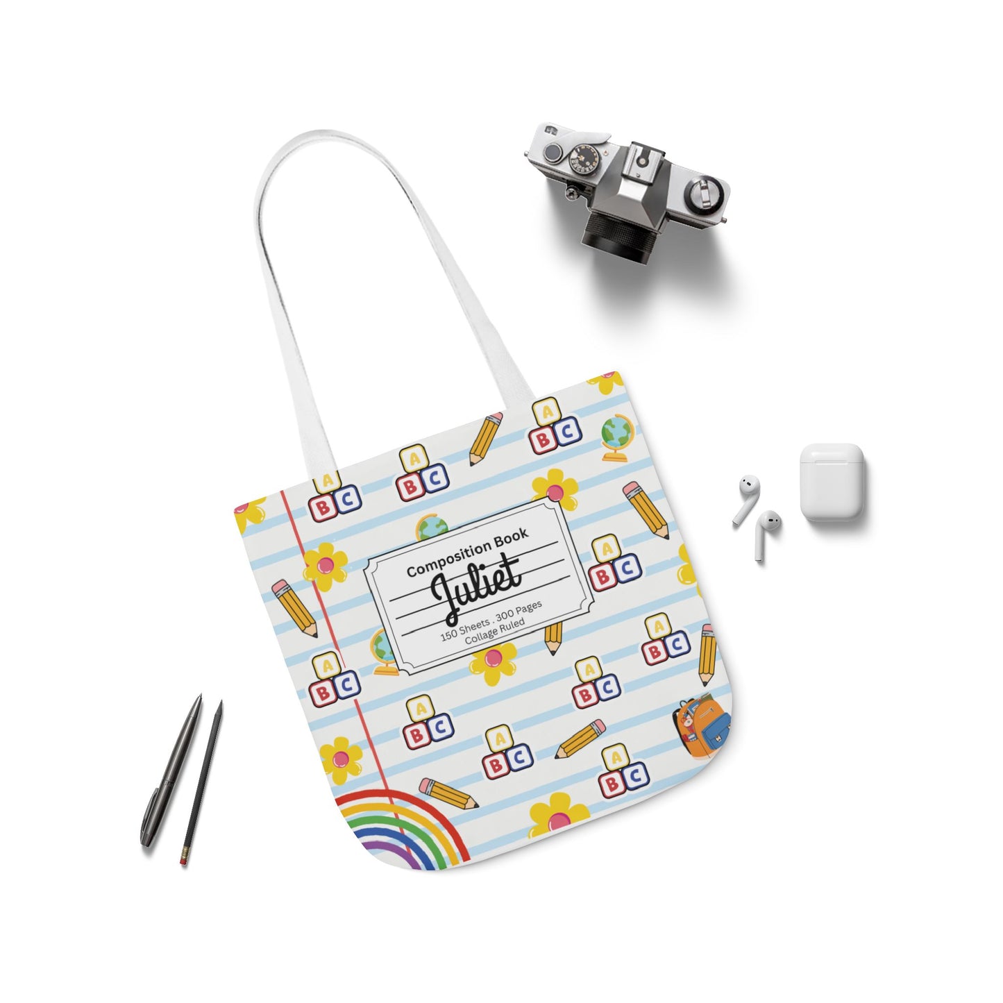 Personalized White Schoolyard Chic Composition Book Inspired Canvas Tote Bag with Colorful Straps, Cute School Bag, Eco-Friendly Tote, Back to School Shopping Bag, Teacher Gift Idea