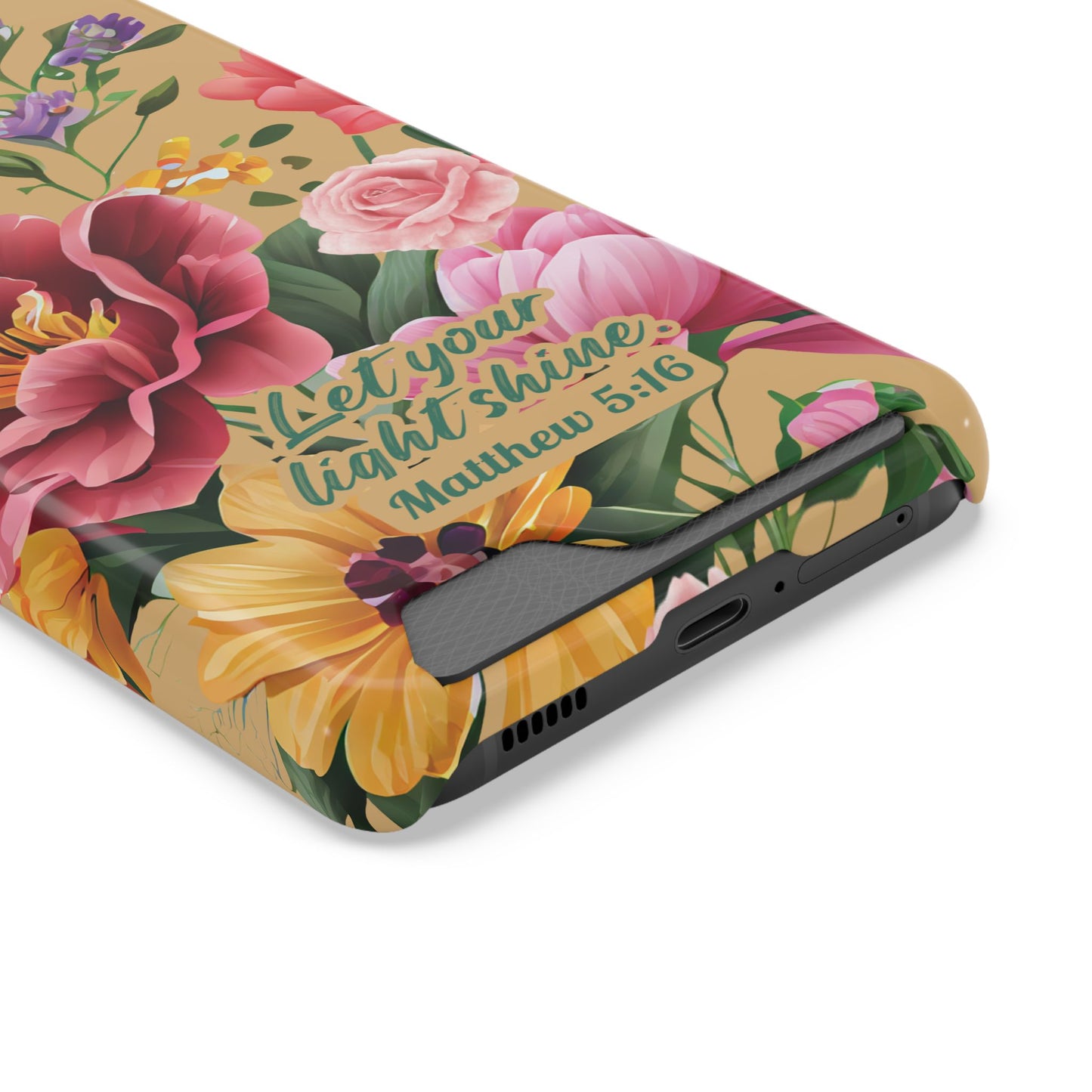 Floral Bible Verse Phone Case with Card Holder — "Let Your Light Shine" (Matthew 5:16)