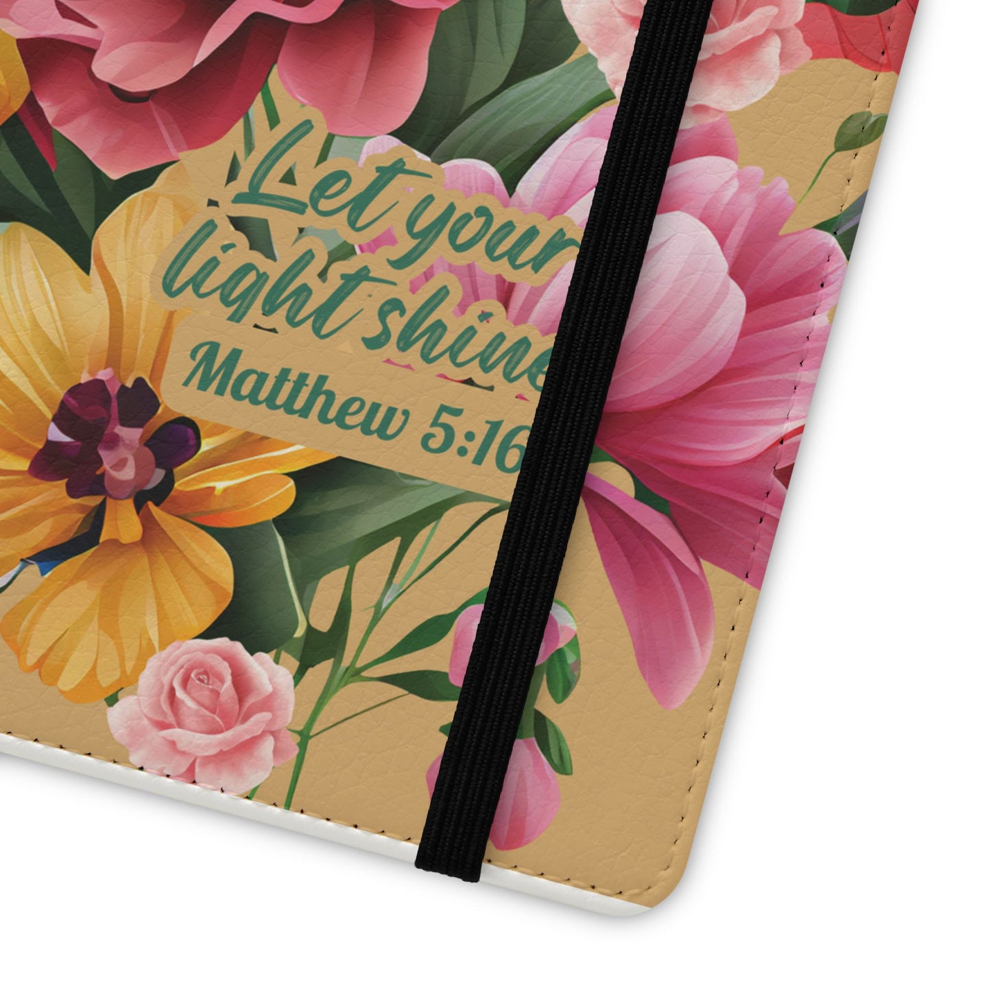 Floral Scripture Flip Case — "Let Your Light Shine" Wallet Phone Cover (Matthew 5:16)