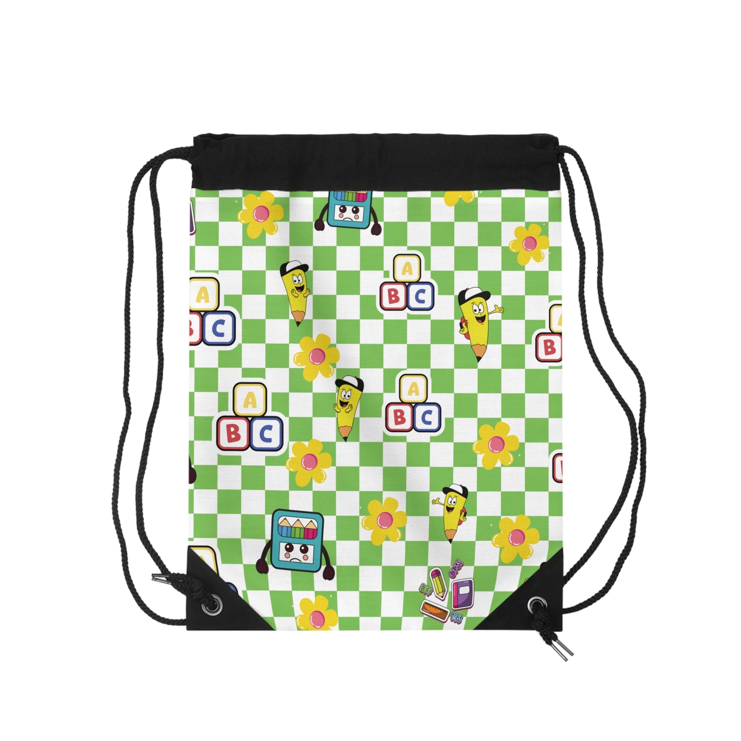 Custom Green SchoolYard Chic Composition Book Inspired Colorful plsyful icons Drawstring Bag | Personalized College Ruled Tote | Kids School Gear | Fun Gym Sack | Back to School Accessory