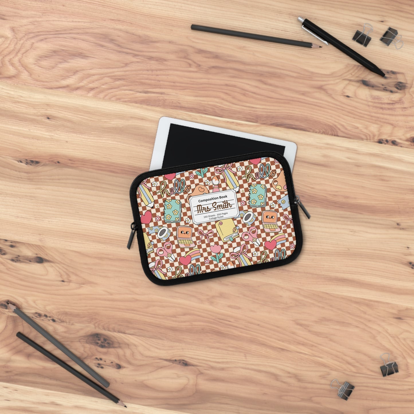 Personalized Brown Doodle Daydream Laptop Sleeve with Composition Book Inspired Design, Customizable Tech Case, School Supplies, Gift for Students, College Essentials, Back to School