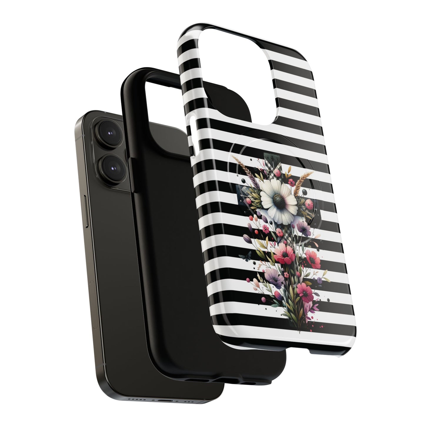 Faith in Bloom Tough iPhone Magnetic Case, iPhone Accessories, Floral iPhone Cover, Durable Cases for Gifts, Black and White Stripes