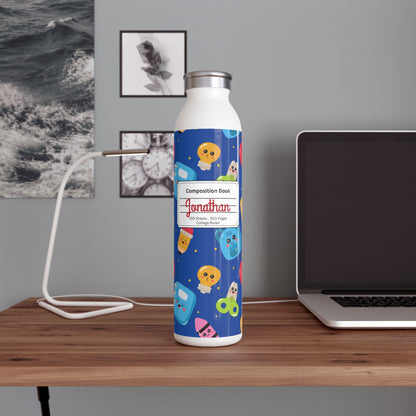 Personalized Blue Kawaii Composition Book Inspired Slim Water Bottle, Customizable Drinkware, Eco-Friendly Hydration Bottle, Perfect for Gifts, School Supplies, Back to School