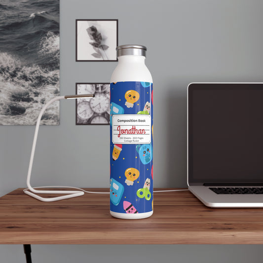 Personalized Blue Kawaii Composition Book Inspired Slim Water Bottle, Customizable Drinkware, Eco-Friendly Hydration Bottle, Perfect for Gifts, School Supplies, Back to School