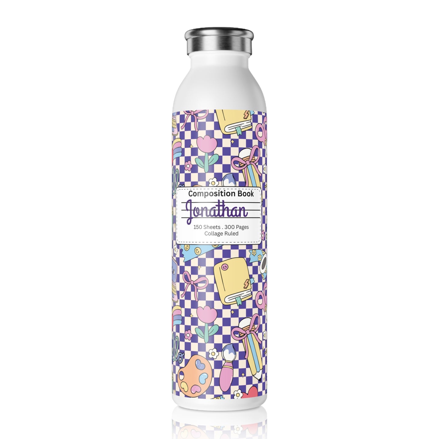 Personalized Composition Purple Doodle Daydream Book Inspired Slim Water Bottle, Customizable Drinkware, Eco-Friendly Hydration Bottle, Perfect for Gifts, School Supplies, Back to School