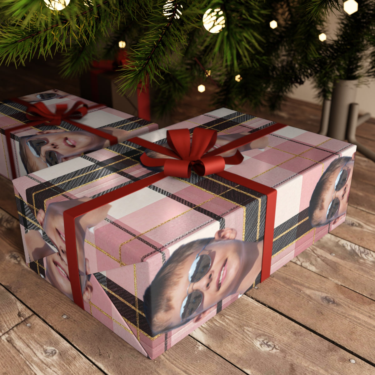 Personalized Wrapping Paper Sheets — Custom Face Plaid Gift Wrap (Single Sheet)
