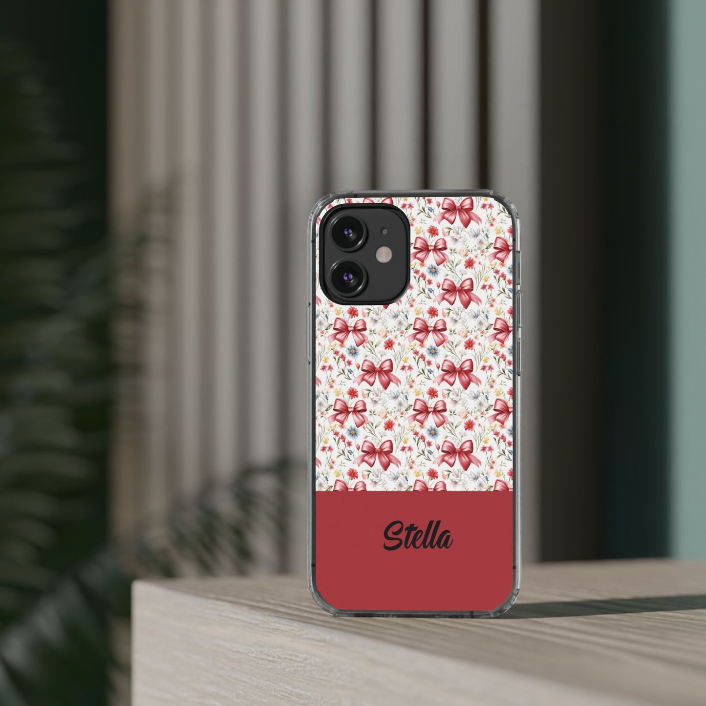 Personalized Rosette Coquette Floral Bow Clear iPhone, Samsung Cases — Custom Name Phone Cover