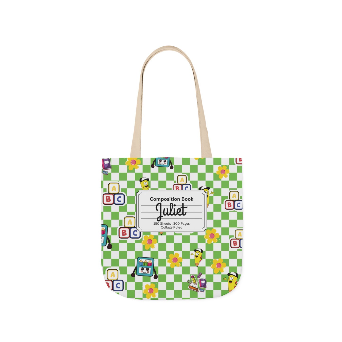 Personalized Green Schoolyard Chic Composition Book Inspired Canvas Tote Bag with Colorful Straps, Cute School Bag, Eco-Friendly Tote, Back to School Shopping Bag, Teacher Gift Idea