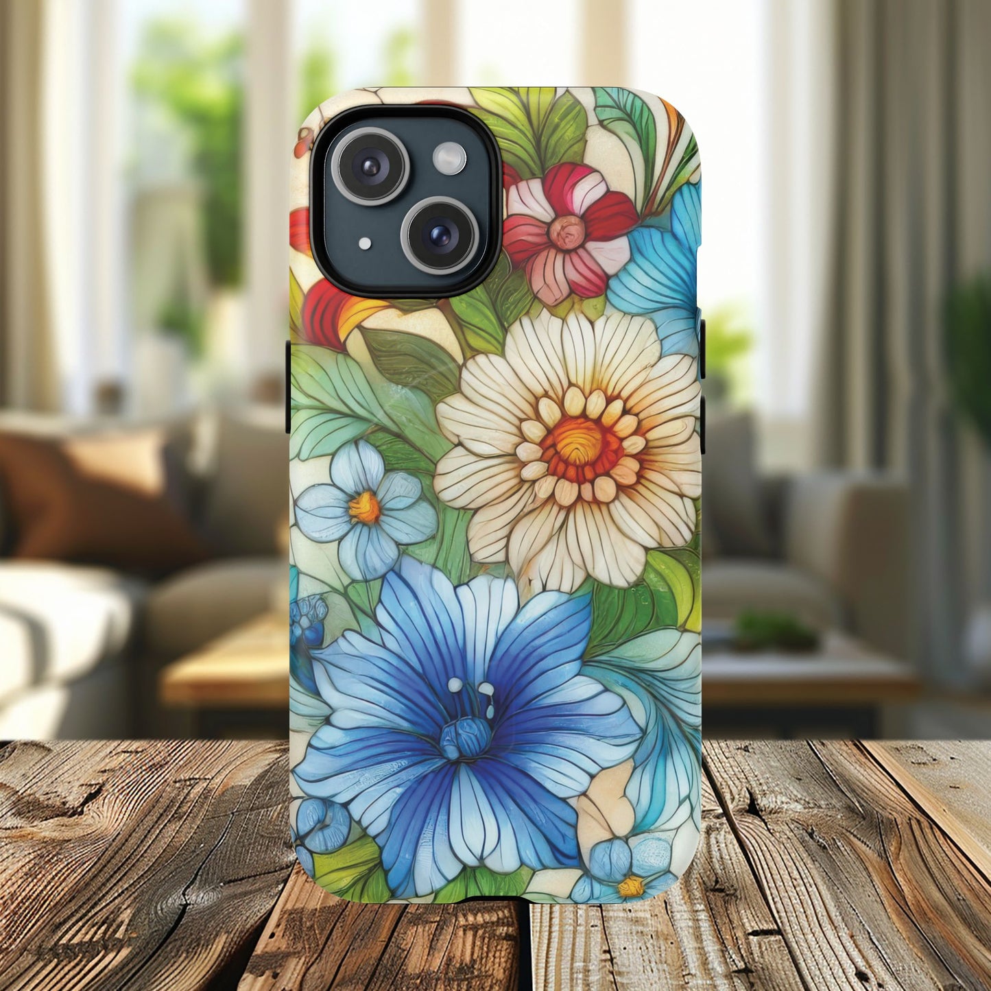 Botanical Radiance Tough iPhone Magnetic Case, Customizable Durable iPhone Cover | Ideal Gift for Nature Lovers, Floral Stained Glass Gift