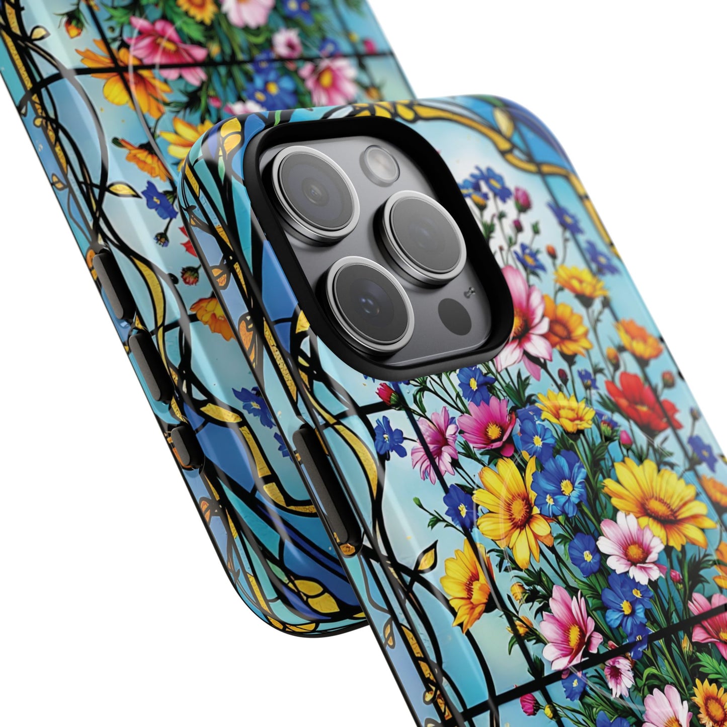 Floral Stained Glass Tough Magnetic Case, Durable Phone Cover, Gift for Nature Lovers, Unique Floral Design, Phone Accessories for All Occasions.
