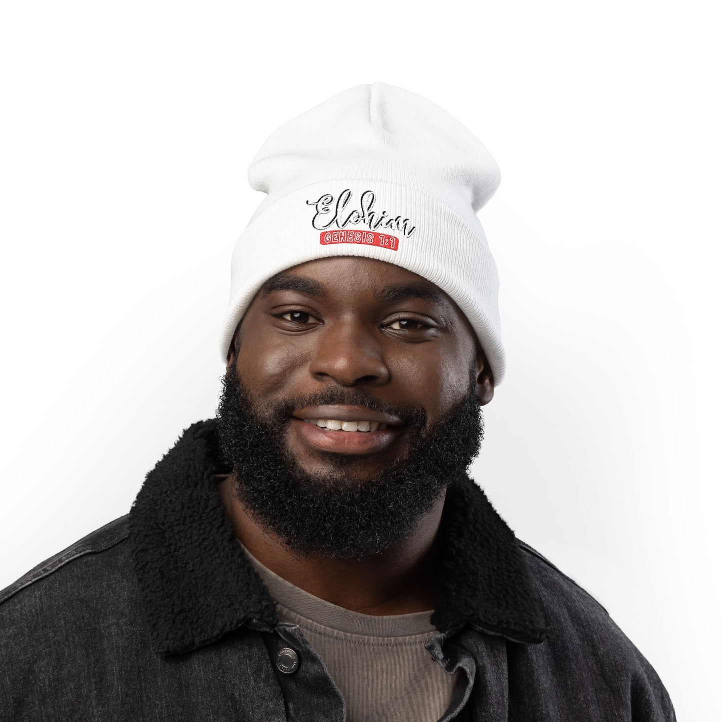 Stylish Knit Beanie with 'ELOHIM, Genesis 1:1' Embroidery, Winter Accessory, Religious Gift, Cozy Beanie Cap, Faith-Inspired Fashion