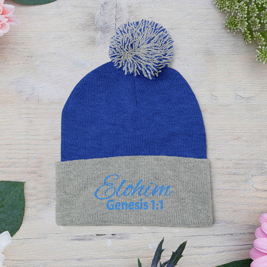 Pom-Pom Knit Cap with 'ELOHIM, GENESIS 1:1'  Embroidery Beanie - Stylish Winter Accessory for All Ages, Perfect Gift for Birthdays, Holidays, and Outdoor Activities