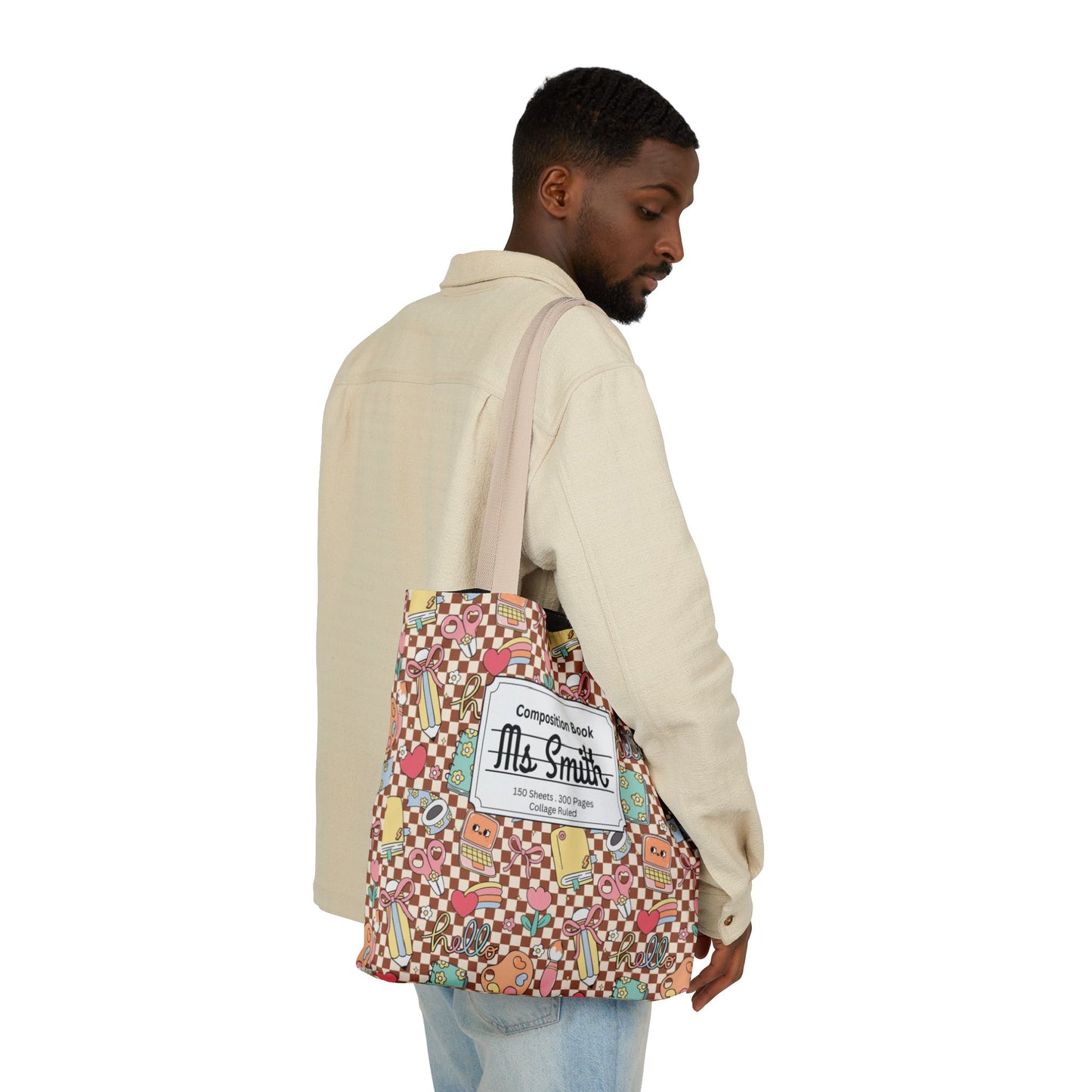 Personalized Brown Doodle Daydream Composition Book Inspired Canvas Tote Bag with Colorful Straps, Cute School Bag, Eco-Friendly Tote, Back to School Shopping Bag, Teacher Gift Idea
