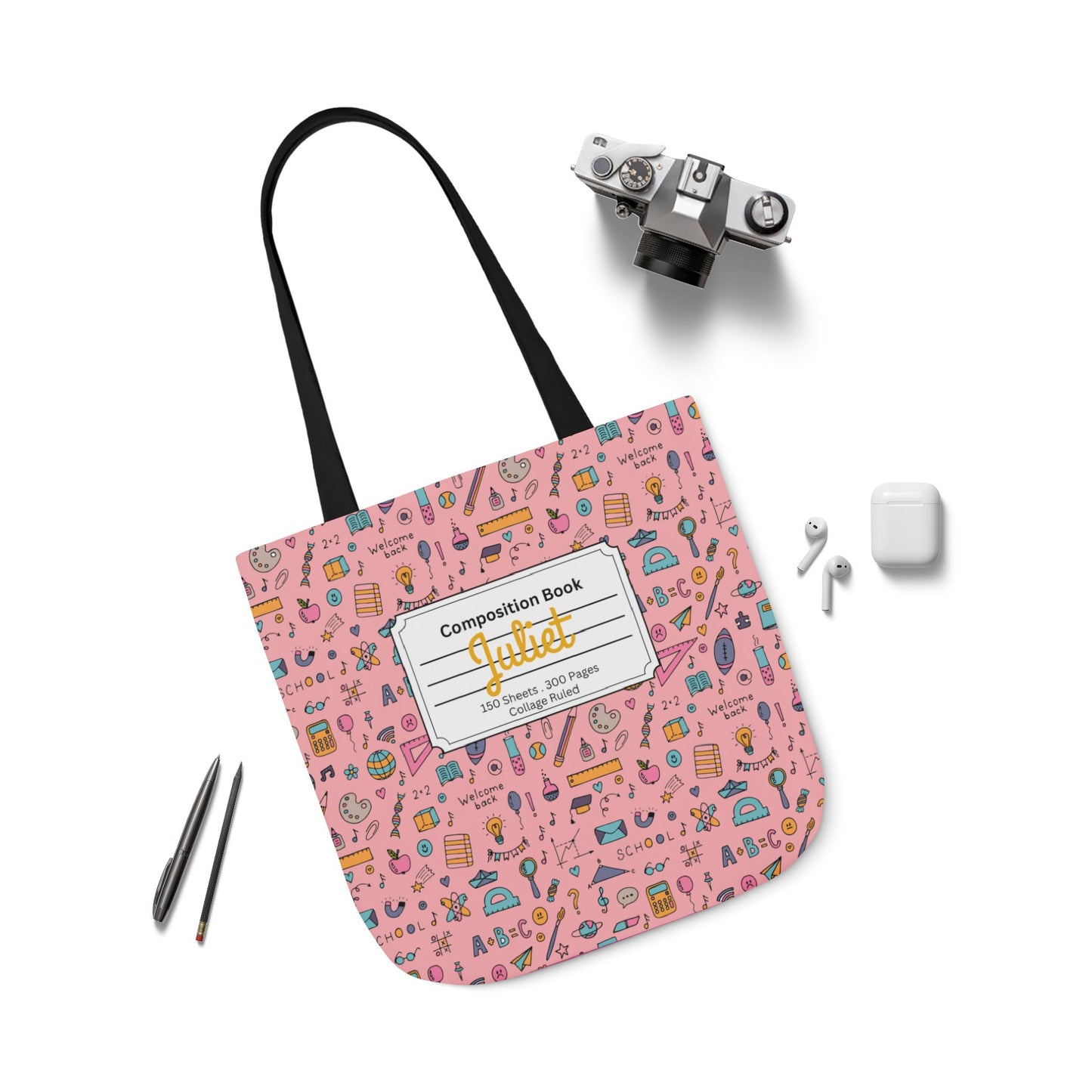 Personalized Pink Chalkboard Chic Composition Book Inspired Canvas Tote Bag with Colorful Straps, Cute School Bag, Eco-Friendly Tote, Back to School Shopping Bag, Teacher Gift Idea