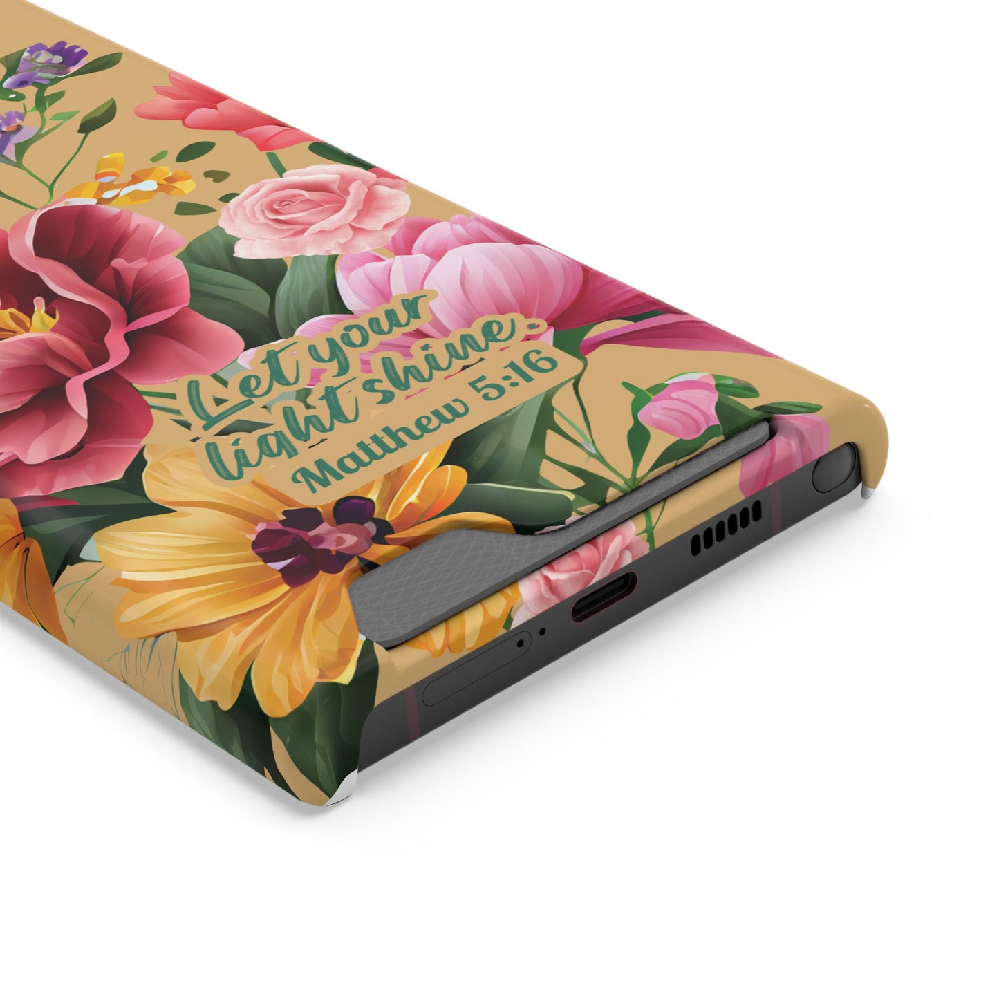 Floral Bible Verse Phone Case with Card Holder — "Let Your Light Shine" (Matthew 5:16)