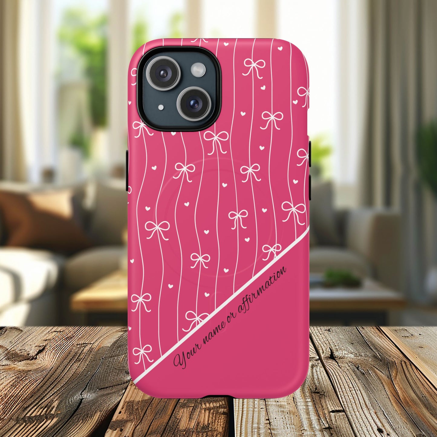 Pink Bow Coquette Magnetic Tough Magnetic MagSafe®  Case — (Add Name or Affirmation)-iPhone® 13, 14, iPhone 15, iPhone 16, iPhone 17, Pro, Pro Max, Plus Cases.