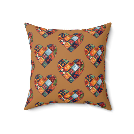 Brown Patchwork Heart Spun Polyester Square Pillow