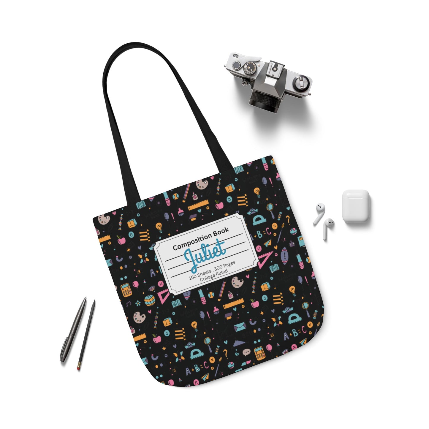 Personalized Chalkboard Chic Composition Book Inspired Canvas Tote Bag with Colorful Straps, Cute School Bag, Eco-Friendly Tote, Back to School Shopping Bag, Teacher Gift Idea