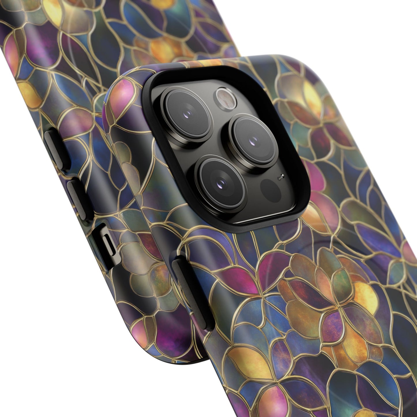 Chromatic Bloom Tough iPhone Magnetic Case, Tough iPhone Cover, Floral iPhone Accessory, Birthday Gift, Elegant Tech Decor, MagSafe Stained Glass Pattern.