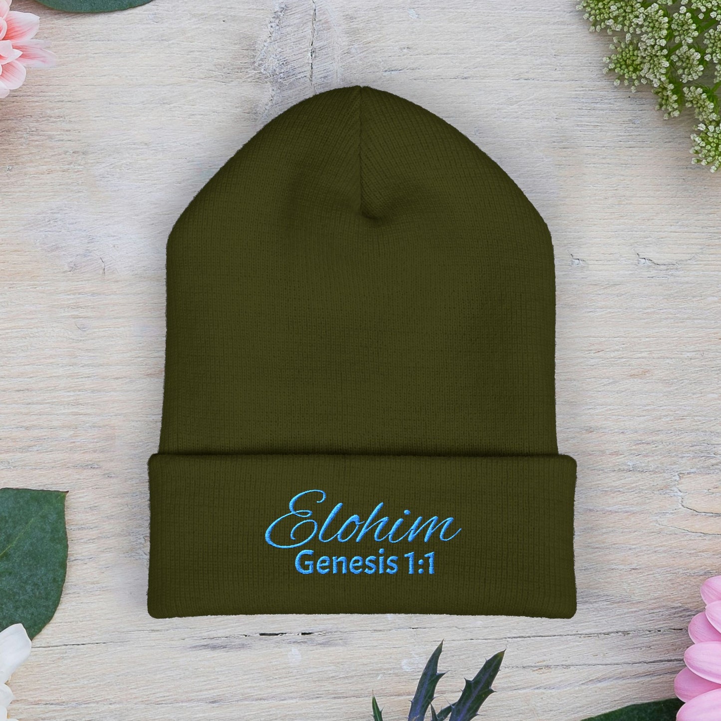 Teal Embroidered 'ELOHIM, GENESIS 1:1' Classic Cuffed Beanie - Cozy Winter Hat, Streetwear Accessory, Personalized Gifts, Religious Apparel, Unisex Beanie