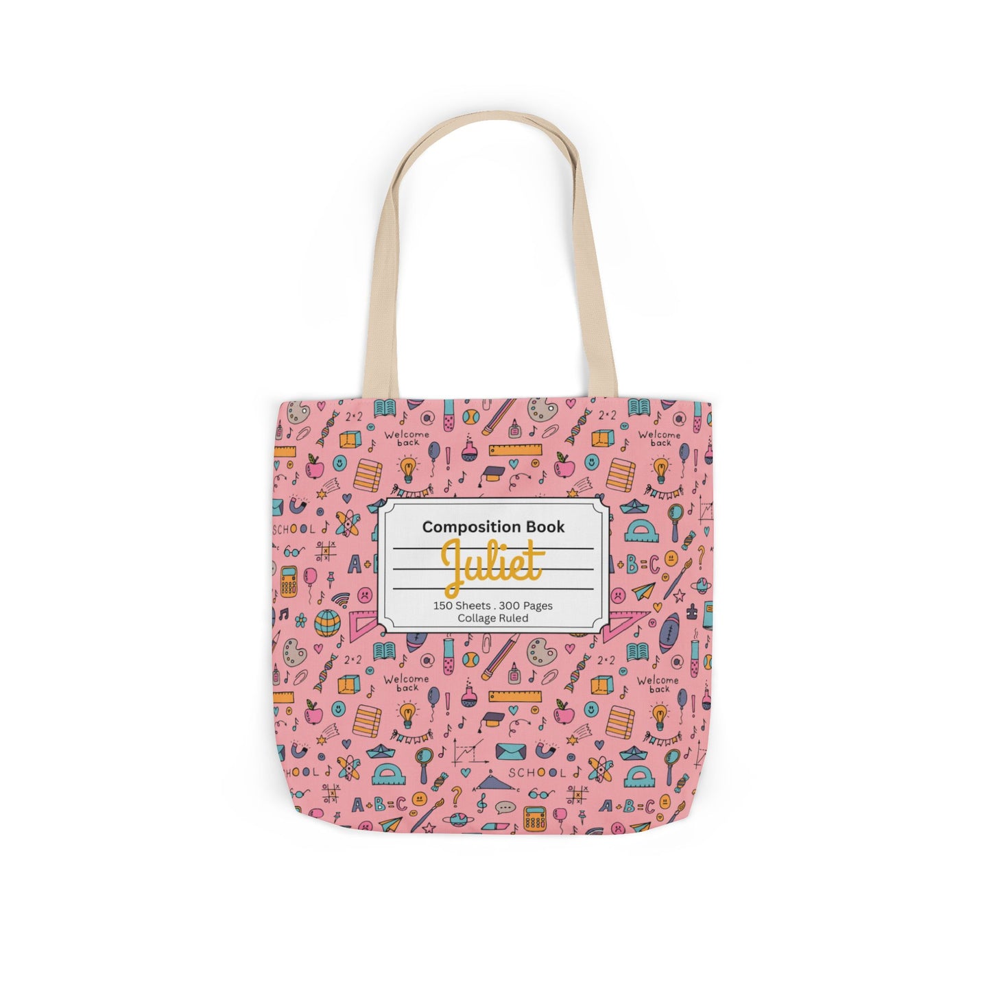 Personalized Pink Chalkboard Chic Composition Book Inspired Canvas Tote Bag with Colorful Straps, Cute School Bag, Eco-Friendly Tote, Back to School Shopping Bag, Teacher Gift Idea