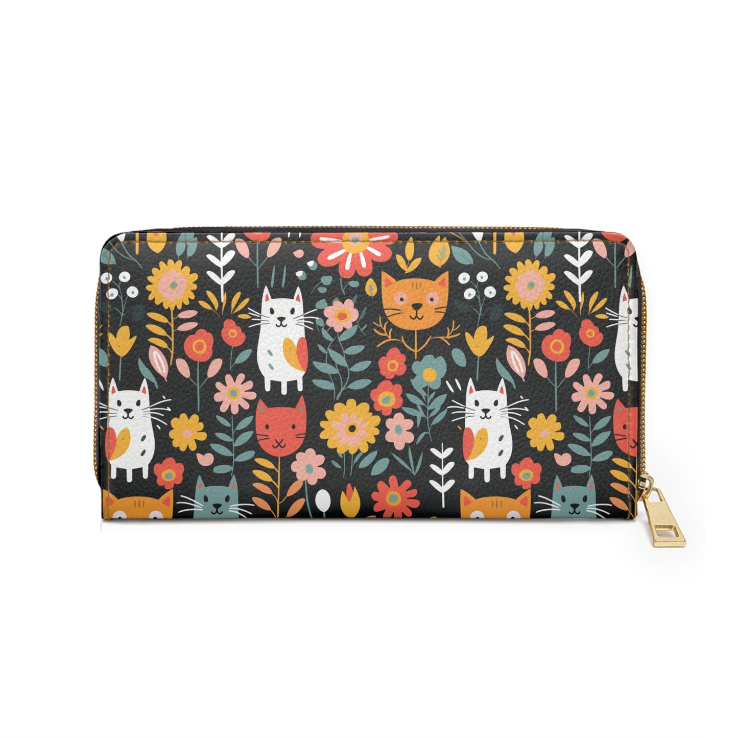 Whimsical Feline Garden Zipper Wallet, Cat Lover Gift, Adorable Wallet Accessory, Wallet for Women, Floral Print Purse
